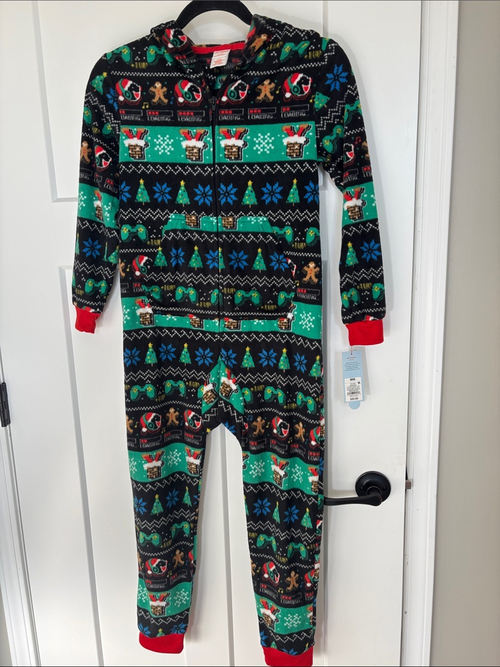 Cat & Jack Kids Holiday Fleece One-Piece Pajamas - Black & Green with Red Trim
